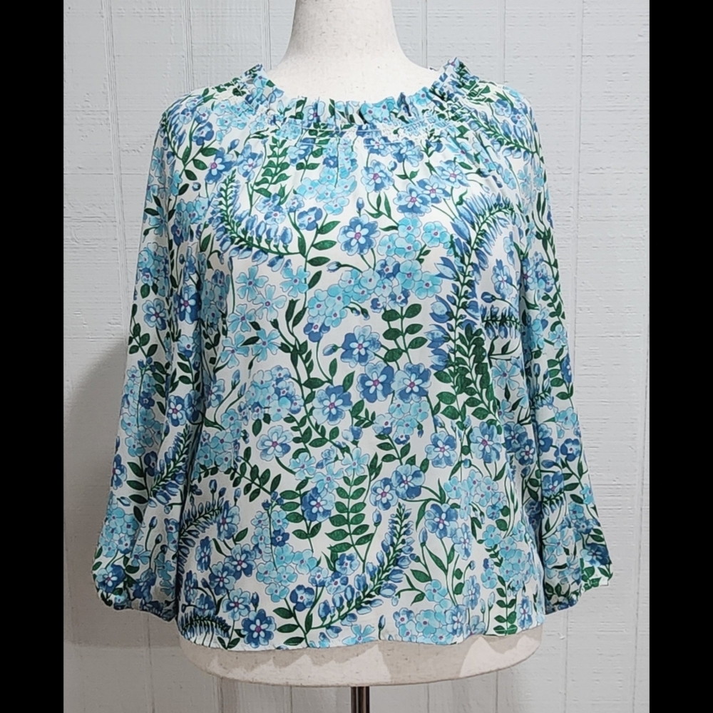 Talbots Smocked Blouse LP Large Petite Blue Floral Elastic Cuffs Back Neck Tie